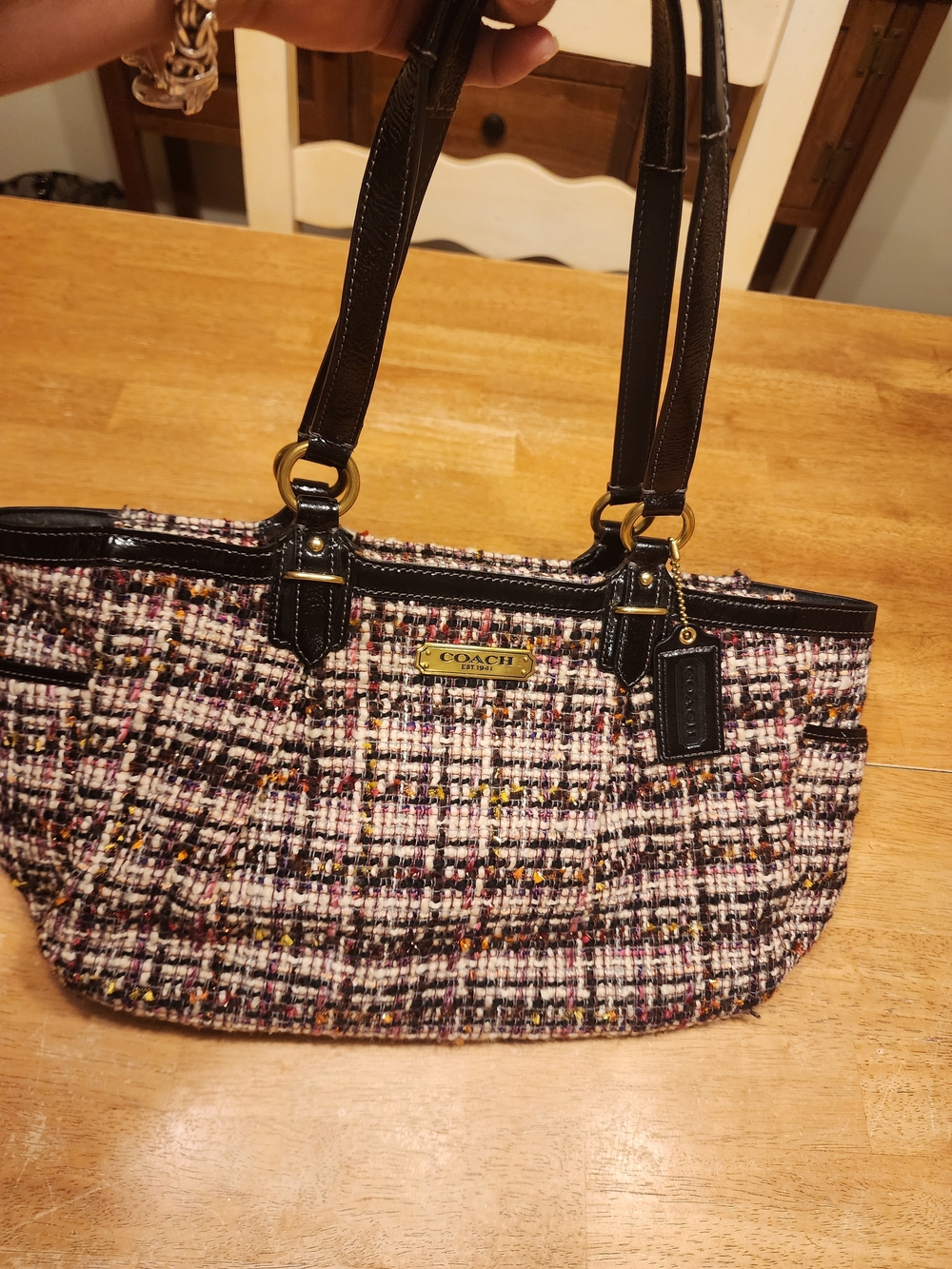 Coach Galaxy Tweed Gallery Tote features a multicolored woven tweed